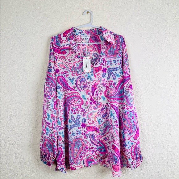 L Love Vibrant Pink Paisley Blouse Women’s Medium - Picture 1 of 5
